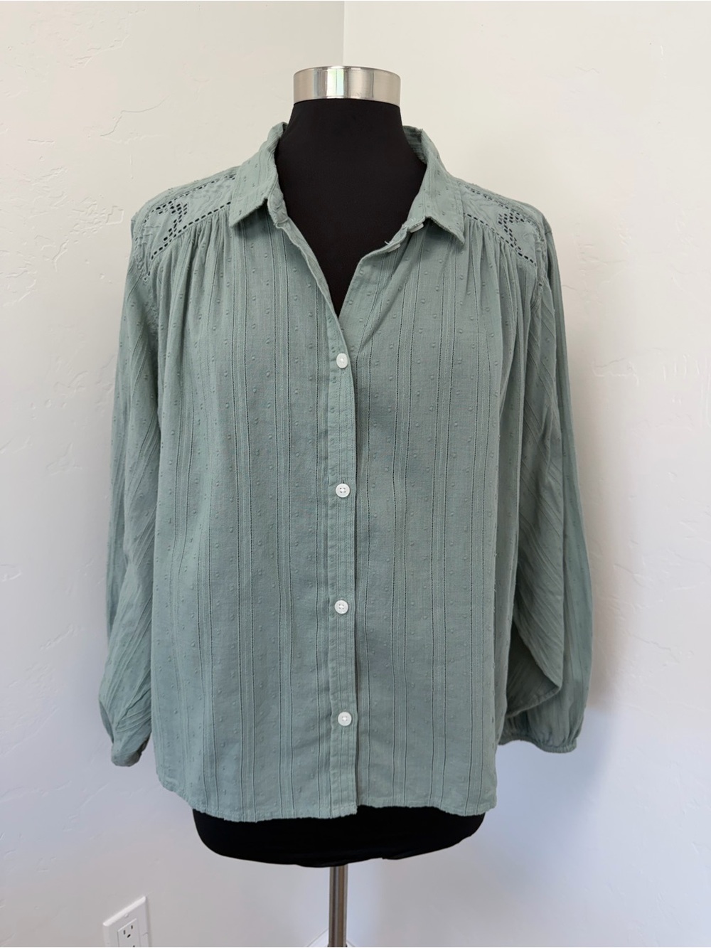 American Eagle Outfitters Balloon-Sleeve Sage Button-Front Eyelet Shirt Size XXL